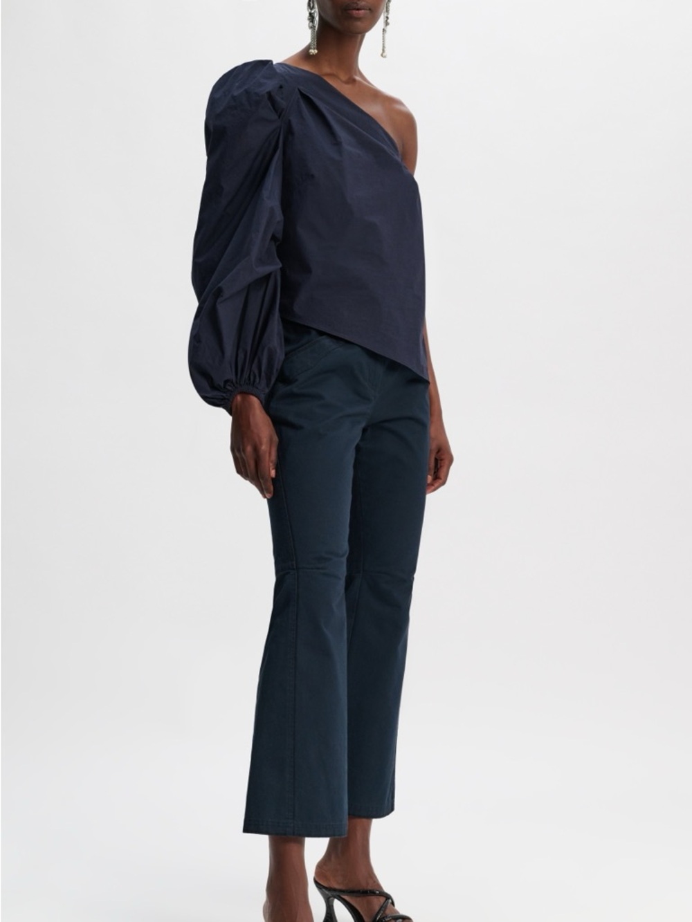 NWT DOROTHEE SCHUMACHER One Shoulder Poplin Power Blouse Navy Blue Sz 1 XS $450